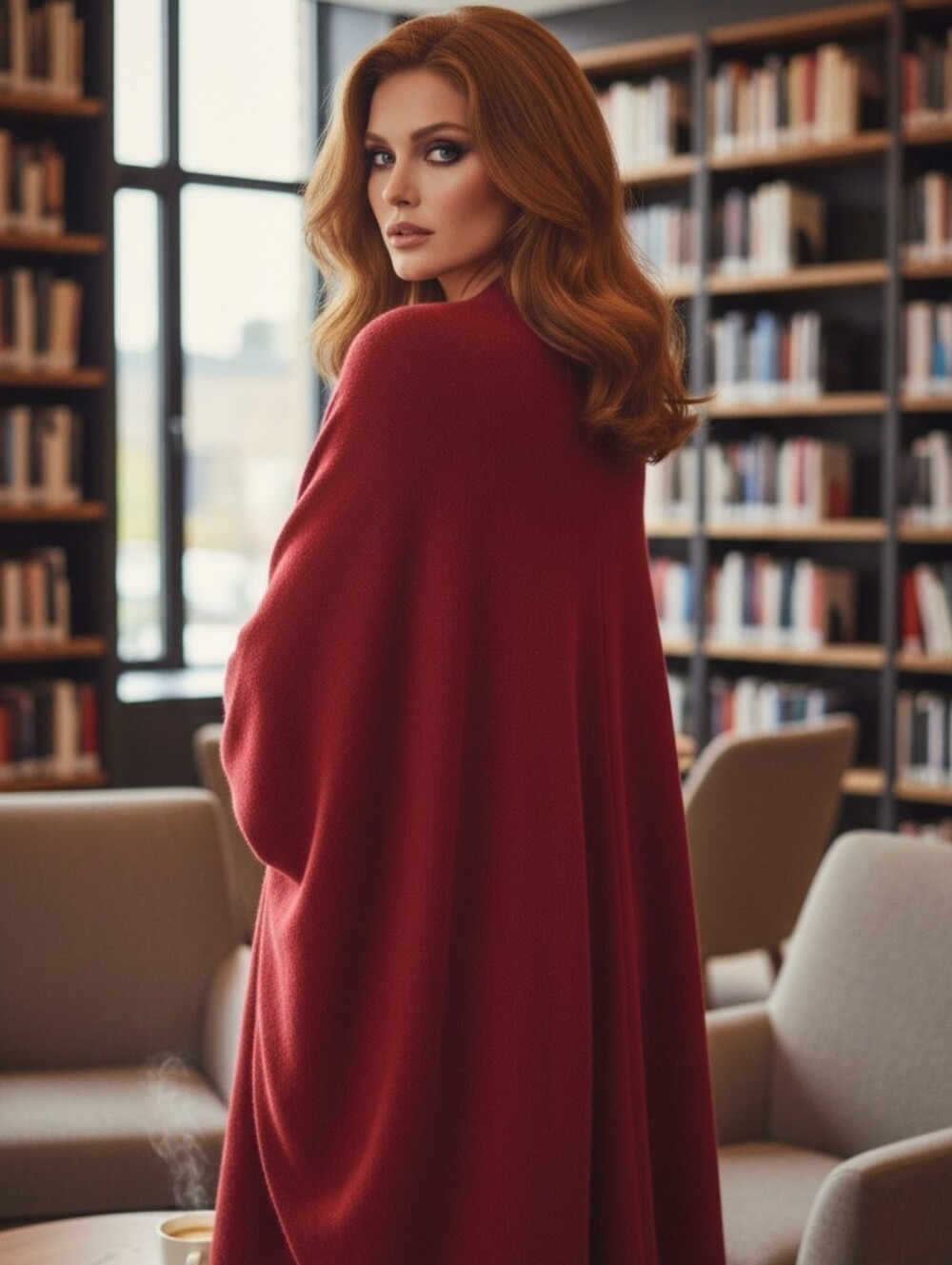 Women's Red Knit Poncho Wrap